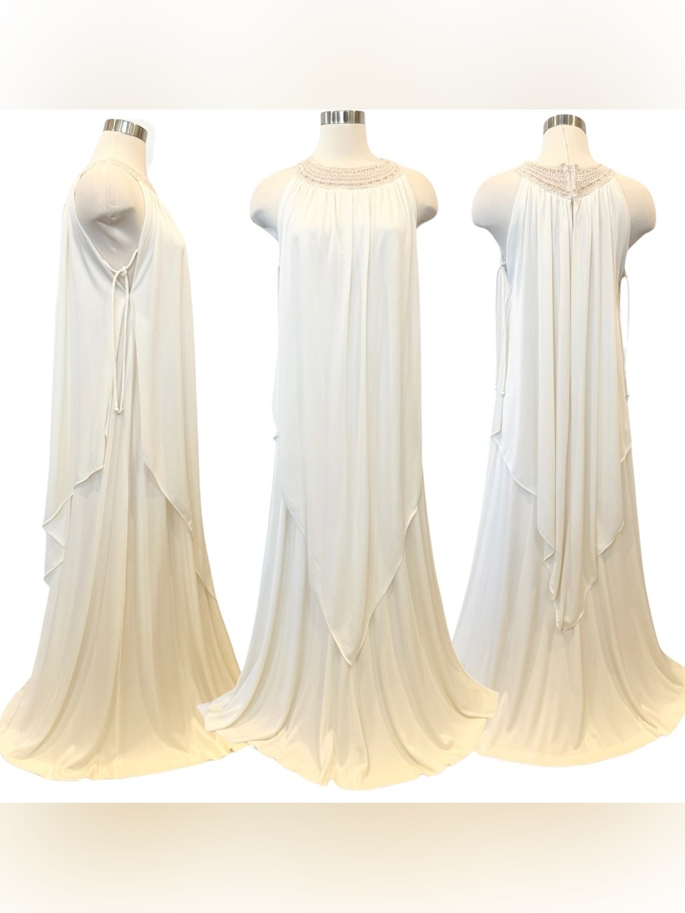 Joseph Magnin Silky Satin Ivory Vintage Goddess Maxi Gown Halter Kaftan Dress - Picture 15 of 15